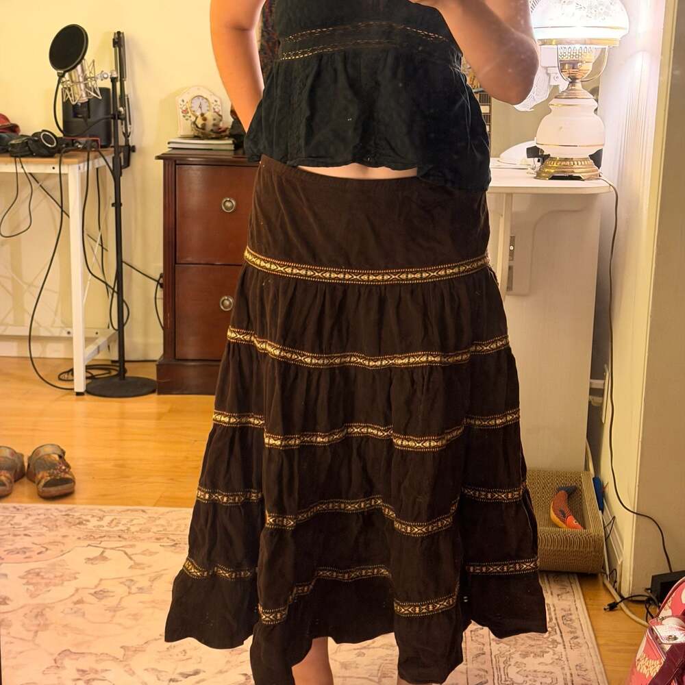 Magic Brown Corduroy Tiered Boho Midi Skirt with Metallic Trim